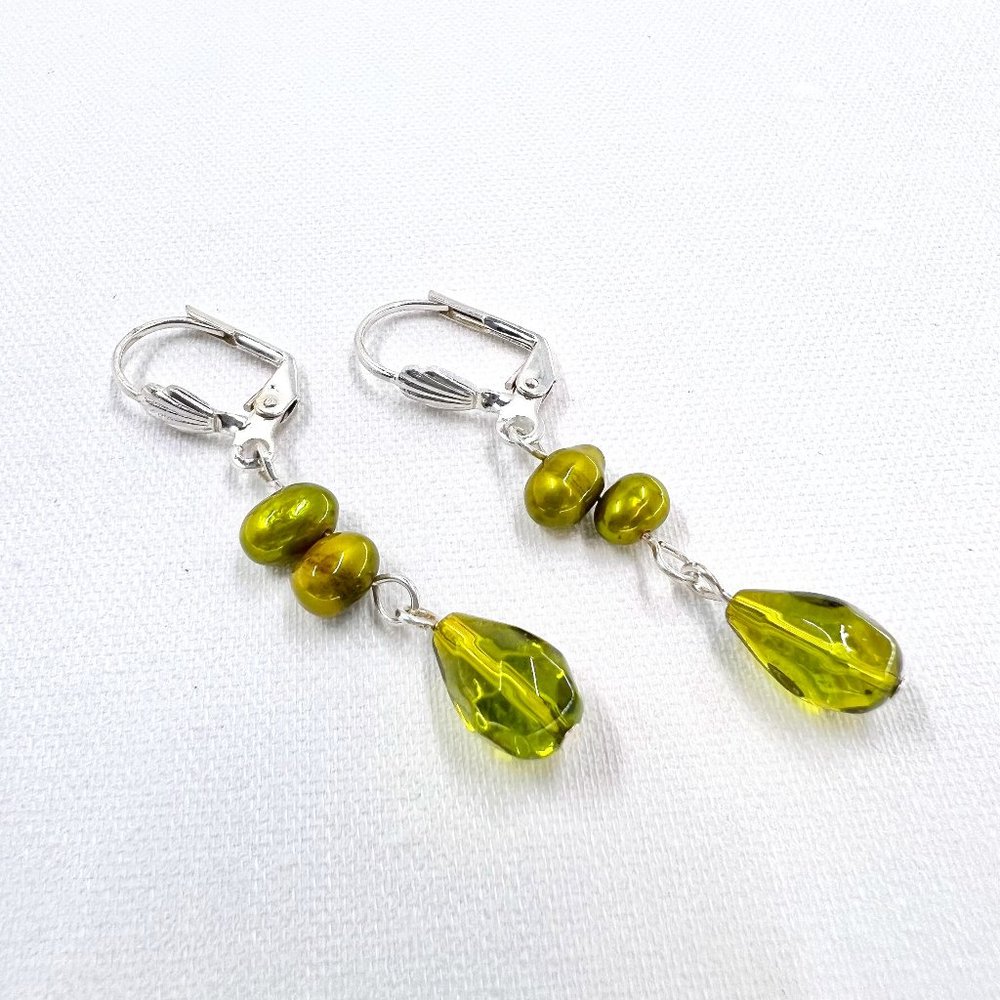 Lime Green Faux Freshwater Pearl Teardrop Silver Tone Leverback Dangle Earrings